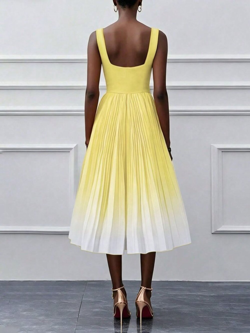 Yellow Elegant Women's Ombre Pleated Sleeveless Zipper Cocktail Dress - Picture 2 of 5